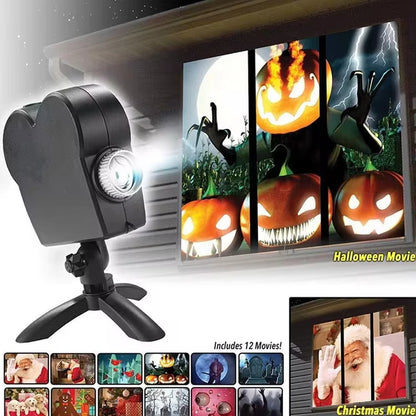 "Spooky Nights Holographic Projector: 12 Movies for Halloween & Christmas Fun - Mini Home Theater with Tripod for Indoor & Outdoor Use!"