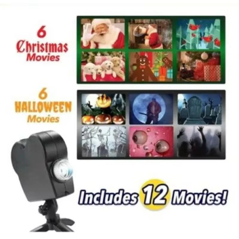 "Spooky Nights Holographic Projector: 12 Movies for Halloween & Christmas Fun - Mini Home Theater with Tripod for Indoor & Outdoor Use!"